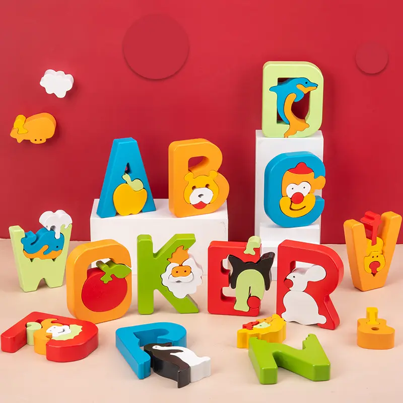 아이 장난감 26 영어 편지/알파벳 빌딩 블록 나무 DIY 블록 퍼즐 다채로운 모양 일치하는 어린이 교육 장난감