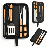 Accessoires de cuisine de camping en plein air portables en acier inoxydable avec manche en bois et étui de rangement, ensemble d'outils pour barbecue