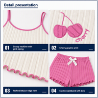Op maat gemaakte dames pyjamaset, geribbelde cami-top en shorts, kersenprint, roze, OEM ODM slaapkledij groothandel fabriek, gratis ontwerp, MOQ loungeset
