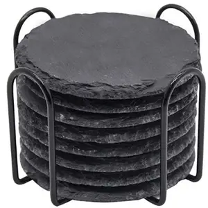 4 дюймовые круглые украшения дома металлический держатель камень набор натуральное черное сланцевое подставки