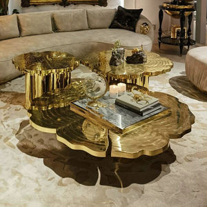 Goldenes Couchtisch-<span class=keywords><strong>Set</strong></span>, Moderne Luxus-Beistelltische in Hoch-Tief-Kombination, Künstlerisch Geätzter Runder Mitteltisch für Wohnzimmer - Product Image 1