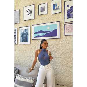 Combinaison moulante décontractée Indigo Rose à détails noués, style une pièce, imprimé ajouré carré, en tricot de nylon, pour le printemps et l'automne - Product Image 5