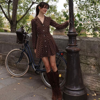Robe décontractée pour femme, mini-robe à col chemise, col en V, manches longues, imprimé à pois, coupe trapèze, boutonnée, pour un usage quotidien en automne