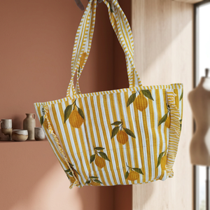 Große Gesteppte Baumwoll-Boho-Modetasche mit Blumenmuster, Zitronendruck, Reißverschluss, Zwei Trageriemen, Schulter-Reisetasche - Product Image 1