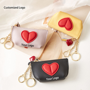 Porte-clés en cuir de vachette première couche, style INS, mignon, avec fermeture éclair, motif cœur, mini porte-monnaie et design rouge à lèvres - Product Image 1