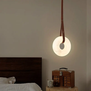 Lustre LED personnalisé en laiton et albâtre, design moderne, minimaliste, nordique, avec anneau en marbre, pour salon, salle à manger, chambre à coucher - Product Image 3
