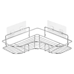 Self Adhesive Wall Shower Corner Storage Wire Rack Silver Stainless Steel Bathroom Shelf