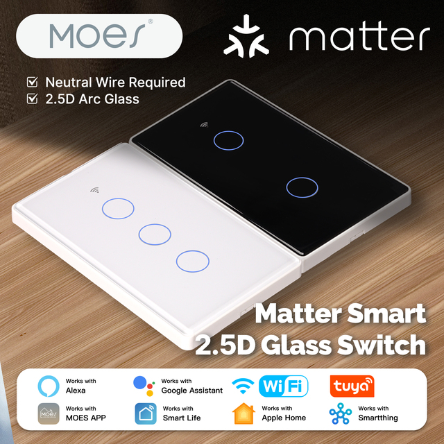 MOES Tuya Matter WiFi Smart Light Switch Plastic App Control 2.5D US Version Neutral Wire Required Alexa Google Home Homekit