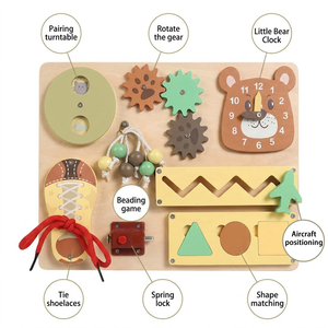 Tableau d'activités Montessori en <span class=keywords><strong>bois</strong></span> 8-en-1 personnalisé pour l'apprentissage des compétences de vie, avec horloge et engrenages à lacer, jouet éducatif pour tout-petits - Product Image 2