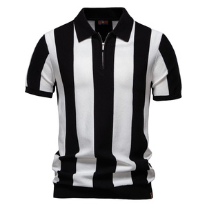 Kaos Rajut Motif Garis Patchwork Musim Panas Lengan Pendek Polo Shirt Pria Kasual Sweater Lengan Pendek Polo Shirt Golf - Product Image 3