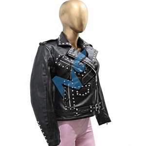 Chaqueta de Moto para Mujer Nabtay Sports, Negra, de Cuero Vacuno Tejido Transpirable, con Remaches Decorativos, Cierre de Cremallera, Cuello Camisero Completo - Product Image 3