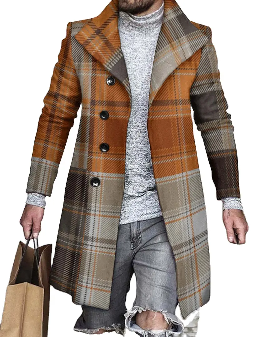 Midi wool tweed coat men's winter plaid slim single breasted tweed coat men