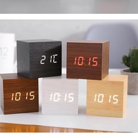 Jam Alarm elektronik, kuarsa Digital kayu kotak Modern dengan kontrol suara untuk Desktop ruang tamu