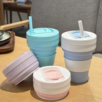 Gobelet de voyage pliable en silicone léger de qualité alimentaire avec couvercle à paille |   Mug à café sport pliable et réutilisable de 350 ml, compatible lave-vaisselle