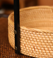 Panier de rangement artisanal en rotin écologique – Cabas tressé avec poignée en fer, style chinois, forme ronde pour décoration de ferme et pique-nique