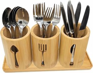 Natural Bamboo Utensil Caddy Silverware Holder Bamboo Utensil Organizer with Tray <b>Kitchen</b> Cutlery Flatware Holder Organizer - Product Image 4