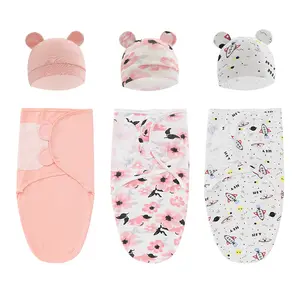 Ensemble d'emmaillotage pour bébé MU avec chapeau de 0 à 3 mois Lot de 3 enveloppes d'emmaillotage en coton doux pour nouveau-né pour filles et garçons