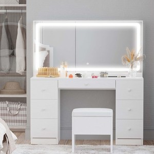 Coiffeuse de style récent avec miroir et éclairage LED lumineux avec 7 tiroirs et étagères Prise électrique pour chambre à coucher Blanc - Product Image 3