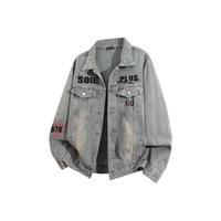 Blouson en jean vintage respirant pour homme, coupe baseball, délavage clair, avec broderie personnalisée et imprimé lettres, style streetwear