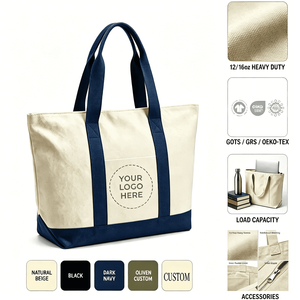 Borse Tote in Tela di Cotone Calico con Logo Personalizzato JOYSUN, Tasca con Cerniera e Manico Lungo, Formato Medio - Product Image 3