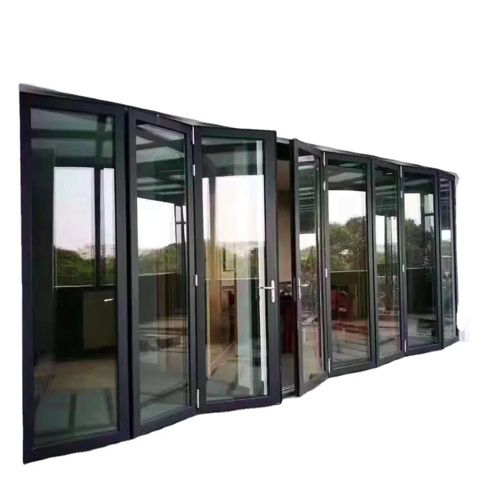 1 + 4 Panel Thermische Breken Grote Deur Houten Kleur Aluminium Glas Bi Fold Deuren Voor Balkon