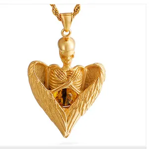 גולגולת Mens לב נירוסטה מצופה 18k זהב גדול כסף מלאך אגף תליון