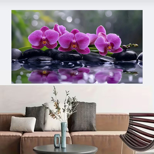 Toile murale d'art moderne personnalisée en gros, pierre noire avec fleur violette, <span class=keywords><strong>grand</strong></span> <span class=keywords><strong>format</strong></span>, décorations de <span class=keywords><strong>salon</strong></span> - Product Image 5