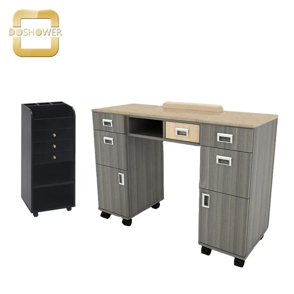 Meja manikur profesional dirancang dengan kabinet samping dan Laci produk pemoles kecil dan barang berat