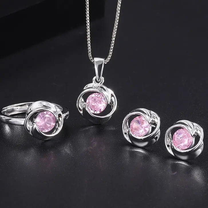 Set di gioielli con ciondolo fiore rosa personalizzato CZ collana con ciondolo di diamanti orecchini set gioielli per donna