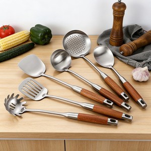 Stainless Steel Kitchen Utensil Set 5 Pieces Heavy Duty Wooden Handle Spatula Ladle Slotted Spoon Cooking Tools - Product Image 1