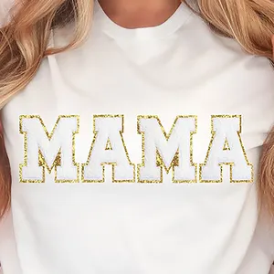 Wholesale Custom Mama Chenille Patch Embroidery Iron On Glitter Letter Patches Mama Chenille Patches For Hats Hoodie T Shirt