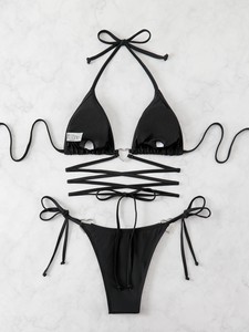 Nuevo diseño Color sólido arrugado diseño famoso traje de baño femenino dos piezas Split traje de baño mujer moda espalda descubierta traje de baño Tanga - Product Image 2