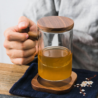 Mug à café en verre borosilicate avec poignée en bois et couvercle en bambou, tasse à thé en verre transparente avec poignée en bois en forme de T pour le bureau et la maison