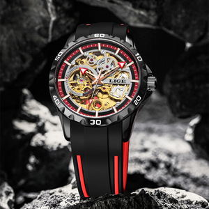 Reloj mecánico automático Lige para hombre, caja de acero inoxidable, correa de silicona de 43mm, esfera de cristal deportiva resistente al agua de 10 bares - Product Image 5