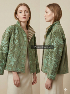 Chaqueta Varsity de Invierno y Otoño, Estilo Bohemio, Bordada con Flores, Tejida en Terciopelo, Ecológica, Antiarrugas, Resistente al Viento y Transpirable, Estilo Suzani - Product Image 3