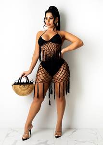 Traje <span class=keywords><strong>de</strong></span> <span class=keywords><strong>baño</strong></span> opaco color sólido bikini adornado con flecos <span class=keywords><strong>de</strong></span> ganchillo hecho a mano - Product Image 6