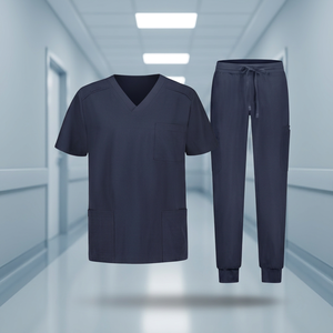 Unisex Navy <b>Blue</b> <b>Scrub</b> Set Short Sleeve Top With Pockets Drawstring Pants Hospital Uniforms Woven Cotton Polyester - Product Image 2
