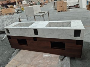 SH STONE Natur weiß Marmor Arbeits platte Eitelkeit Moderne Wohnung Villa Badezimmer Kunden spezifische Doppel waschbecken Waschbecken Holz sockel - Product Image 3