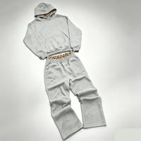 Ensemble survêtement molletonné noir vintage surdimensionné avec logo personnalisé, doublure léopard, pour homme, streetwear, deux pièces, tenue de sport