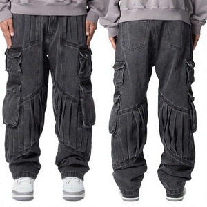 Jeans de Cintura Alta y Pierna Recta con Acabado Stone-Wash, Estampado de Cristales, Textura Grabada con Láser, Rasgados, Bolsillos Grandes, Estilo Cargo, Otoño-Verano - Product Image 2