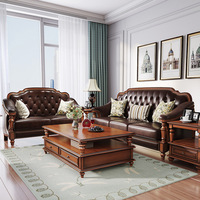 Juego de Sofás de Cuero Genuino para Sala de Estar, Estilo Retro, en Forma de U, 123 Asientos, Madera Maciza, Piel de Vacuno de Primera Capa, Estilo Europeo Americano
