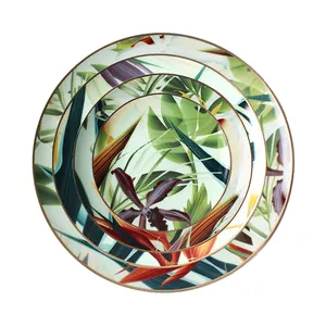 Palm Leaf Platesgreen Round Plate Dinner Sets Bone China Dinner Plates For Restaurant Dinner Set 72 Pcs