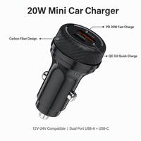 Cargador de Coche USB C Doble Puerto Mini de Fibra de Carbono OEM al por Mayor, Adaptador de Carga Rápida PD 20W QC 3.0