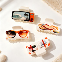 Pince à cheveux en acrylique faite à la main, style japonais et coréen, imprimé à paillettes sur le thème des vacances d'été, série voyage et plage, avec motifs appareil photo et lunettes de soleil