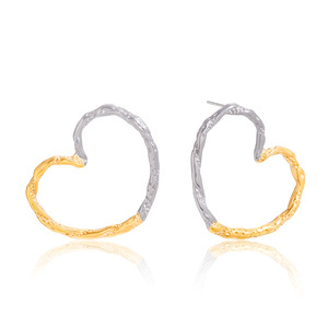 Pendientes de Aro en Forma de Corazón, Oro de 18K, Acero Inoxidable, Dos Tonos, Martillados, para Uso Diario - Product Image 5