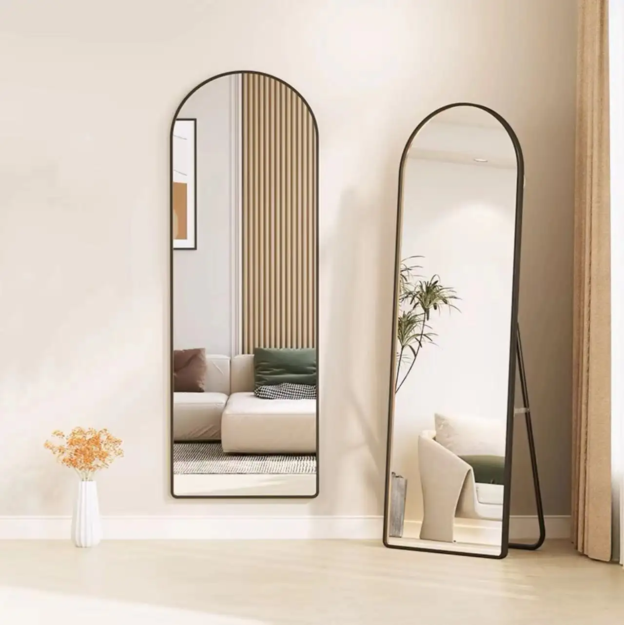 Moldura de metal em forma de arco para decoração de casa de luxo moderna, espelho grande de comprimento total montado na parede com vidro de alta qualidade