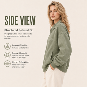 Chaqueta Casual Oversize para <span class=keywords><strong>Mujer</strong></span> al por Mayor, Verde Salvia, Estilo Vintage Lavado, con Cremallera, Bordado Geométrico de Brújula Personalizado y Cuello. - Product Image 3