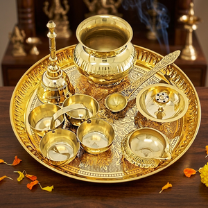 Ensemble de thali en laiton pour Puja avec lampe à huile Diya et ustensiles pour activités religieuses, design circulaire, matériau durable - Product Image 6