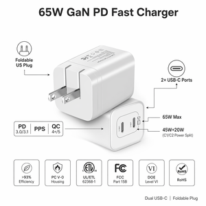 65W GaN <b>USB</b> <b>C</b> Wall Charger 2 Port PD Fast <b>Charging</b> Block FCC - Product Image 2