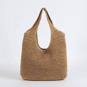 Bolso de playa de paja de papel tejido a mano para mujer, estilo sencillo, con cierre de cremallera bordado, portátil, color liso, venta al por mayor para verano - Product Image 3